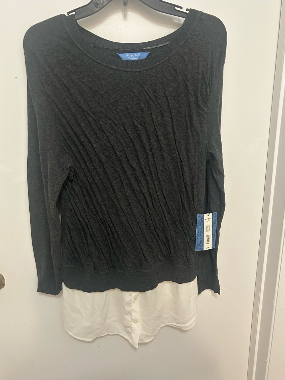 Vera Wang Black Layered-Look Long Sleeve Blouse with White Hem